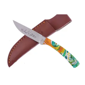 Micheal Prater Hen & Rooster Emerald River Skinner Custom Fixed Blade with Corelon Handle, German Stainless Steel, Durable Handle Material
