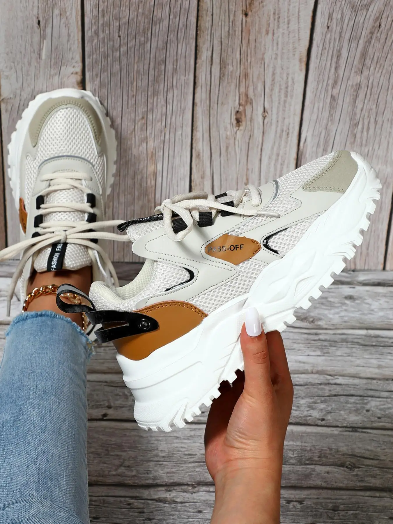 Men's Minimalist Casual Colorblcok Round Toe Chunky Sneakers, 2024 Fall New Fashionable Sporty Letter Design Lace Up Chunky Sneakers for Daily Wear, M