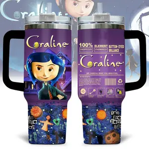 Coraline 20oz - 40oz Tumbler Stainless Steel with Straw, Double Wall Insulated, With Handle – Epic Cartoon Movies Series Design, Perfect Gift for Fans