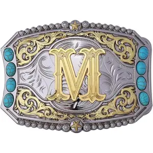 Turquoise Belt Buckle Western Cowboy Rodeo Initial Letters ABCDEFG to Z Belt Buckle for Men Decoration