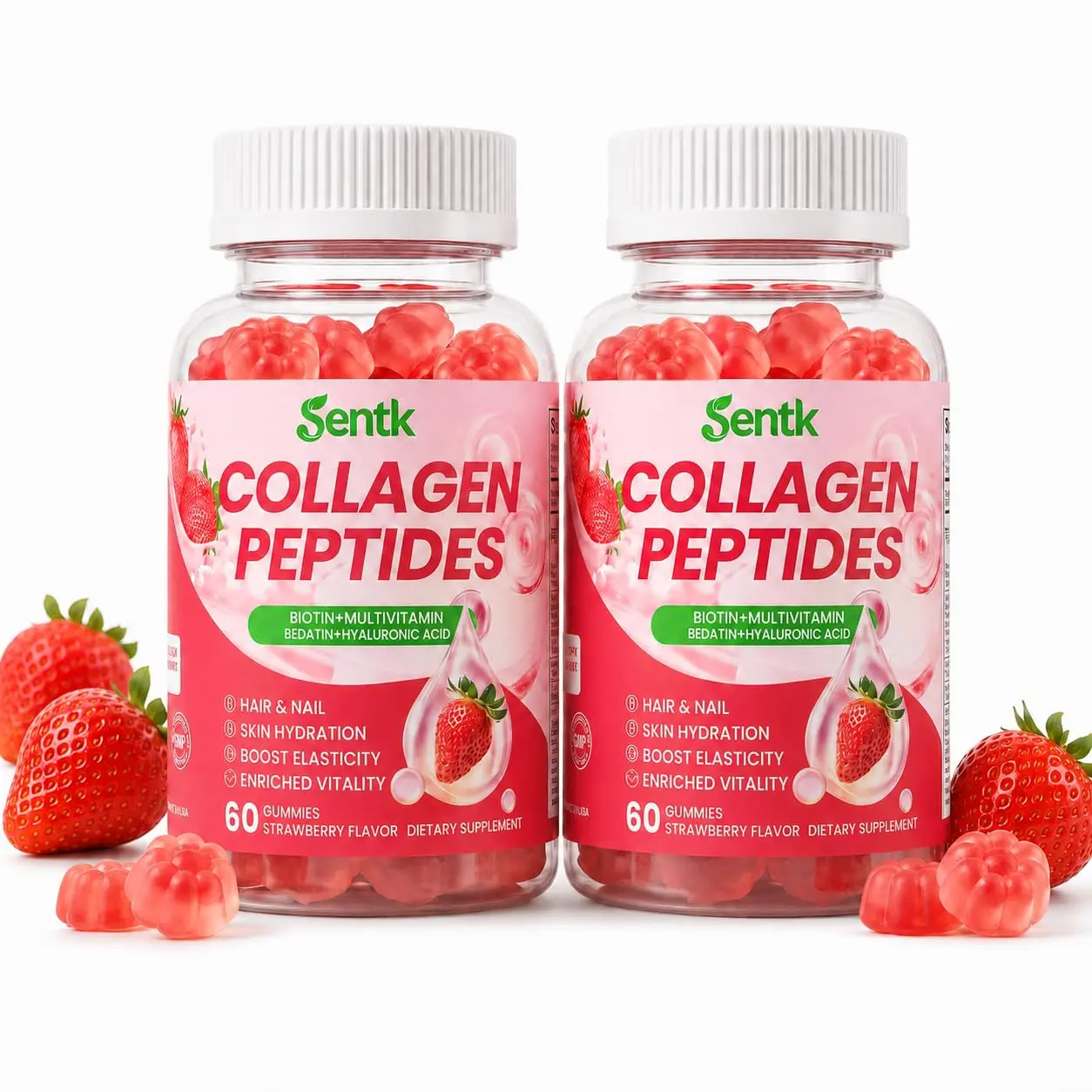 Collagen Gummies for Women-Premium hydrolyzed collagen peptides & Multi Collagen Complex, Biotin and Hyaluronic Acid, Zero Sugar Formula, Nourish Skin, Hair, Nail & Bone, Strawberry Flavor 2 Pcs