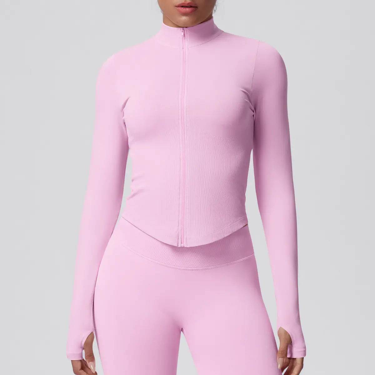 Women Ribbed Zip Up Jacket High Neck Cropped Long Sleeve Yoga Top Thumb Hole Gym Activewear Running Fitness Compression Shirt Workout Tights Pink Blue