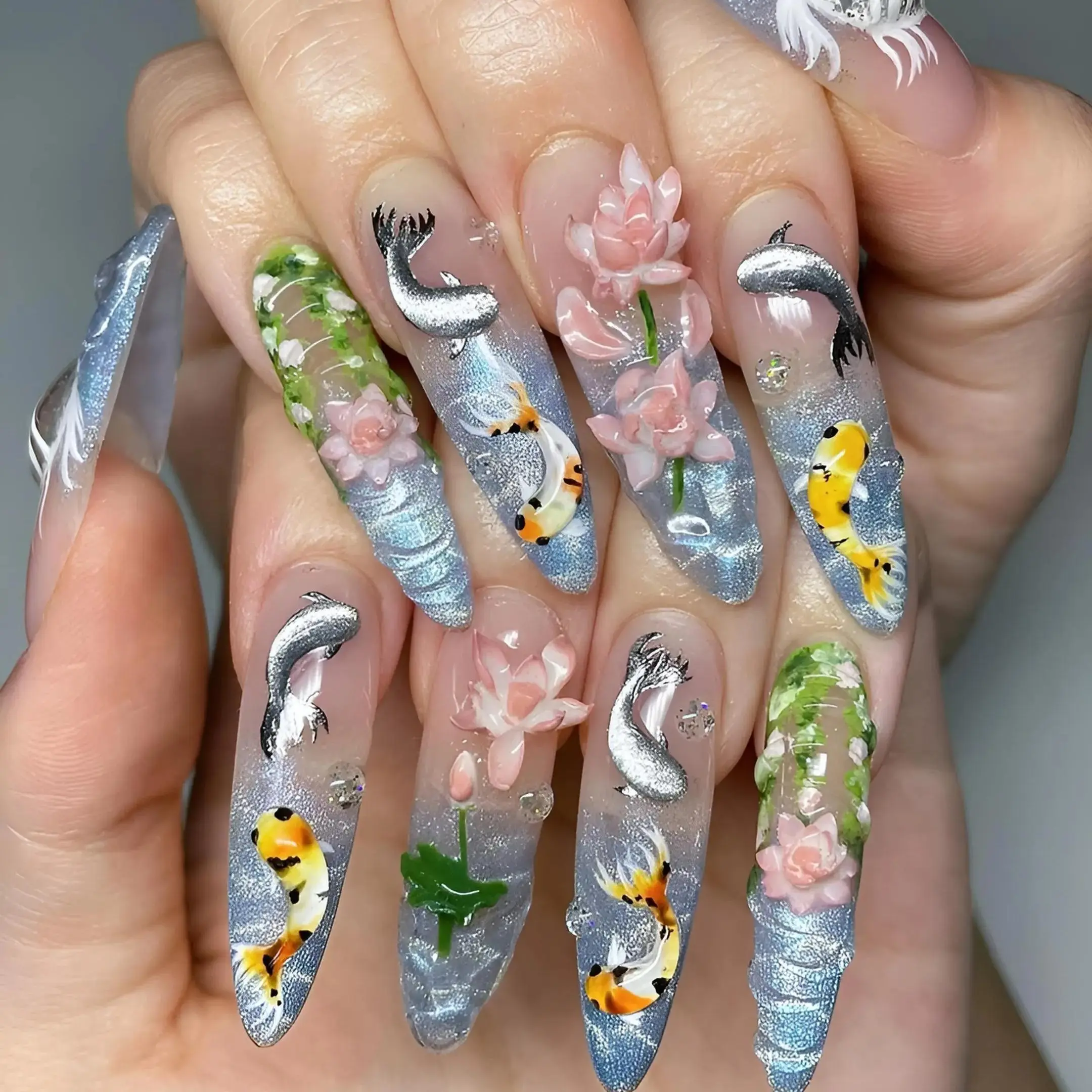 Koi Fish Lotus Press On Nails, Japanese Pond Water Effect Statement Set