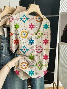 Women's Geometric Pattern Colorblock Letter Print Short Sleeve Knit Cardigan, Casual Elegant Chic Vacation Style Sweater, V Neck Loose Button Front