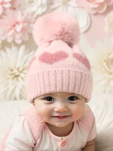 Newborn Knit Hat for Babies 1-3 Years Old, Heart Design Fuzzy Ball Beanie, Warm Winter Outdoor Cap, Casual Daily Commute Wear