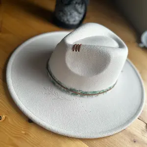Western Flat Brim Fashion Hat with Free Handed Burnt Designs and Unique Bands/Decor, Size Large and Adjustable to Small, Strings Inside