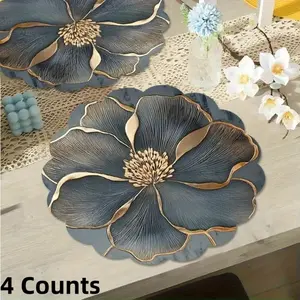 4 Counts Grey Floral Pattern Circular Placemat - Kitchen Decorative Placemat, Anti Slip and Heat-resistant Polyester Table Mat, Placemats Machine Washable, Suitable for Restaurant, Kitchen,Home Decor,Fashionable Tableware, Durable Dining Table Accessories