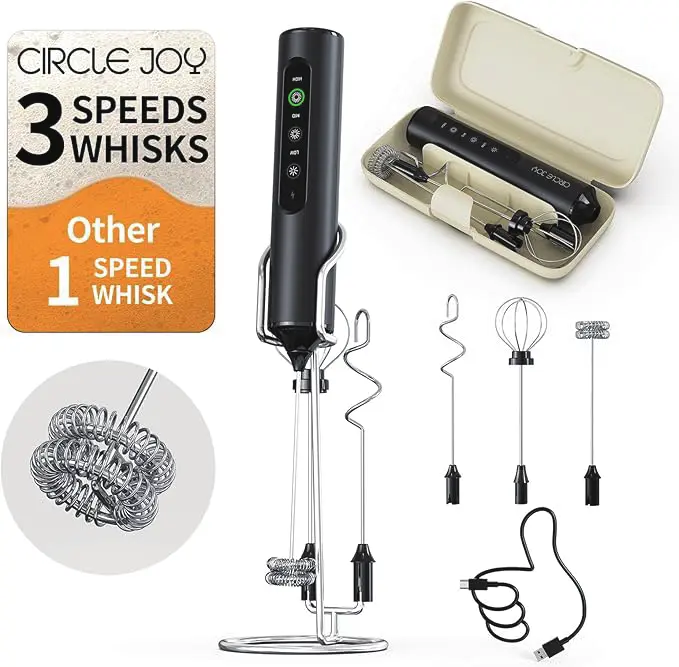 Rechargeable Milk Frother with Stand, 4 Interchangeable Whisks & Travel Case – Handheld Mixer for Lattes, Matcha, Hot Chocolate, Eggs & Protein Shakes summerwins