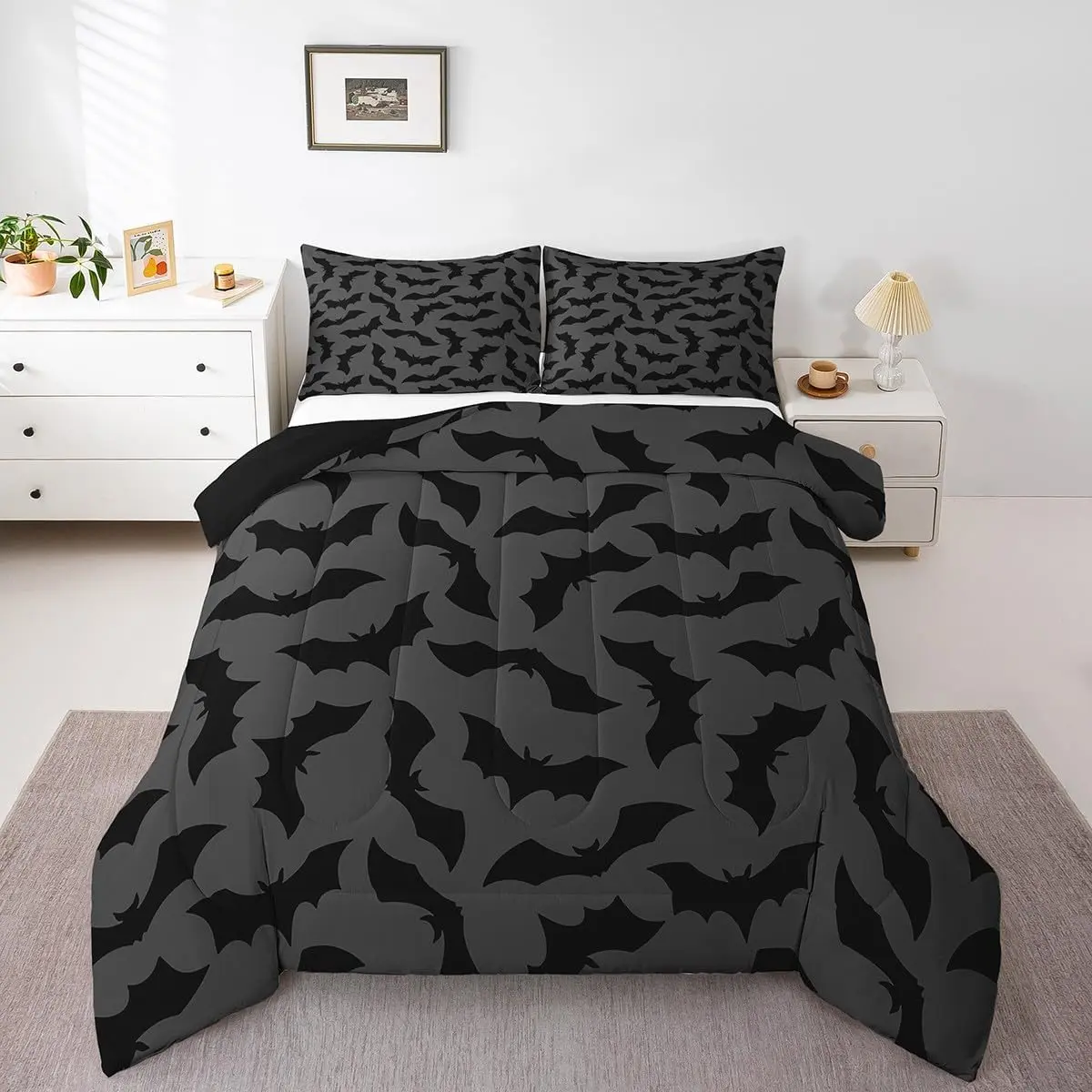 Feelyou Soft Touch Bat Print Halloween Microfiber Bedding Set - Breathable Bed Cover, Grey Toddler Duvet Cover with Comforter, Pillow Shams for Modern Theme Aesthetic Duvets & Sets Trick-or-Treat Bedroom Decor, Bed Cover Set