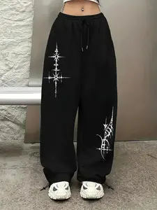 Women's Casual Cross Print Drawstring Sports Pants, Cross Print Sweatpants, Loose Fit Polyester Straight Leg, Elastic Waist, All Seasons