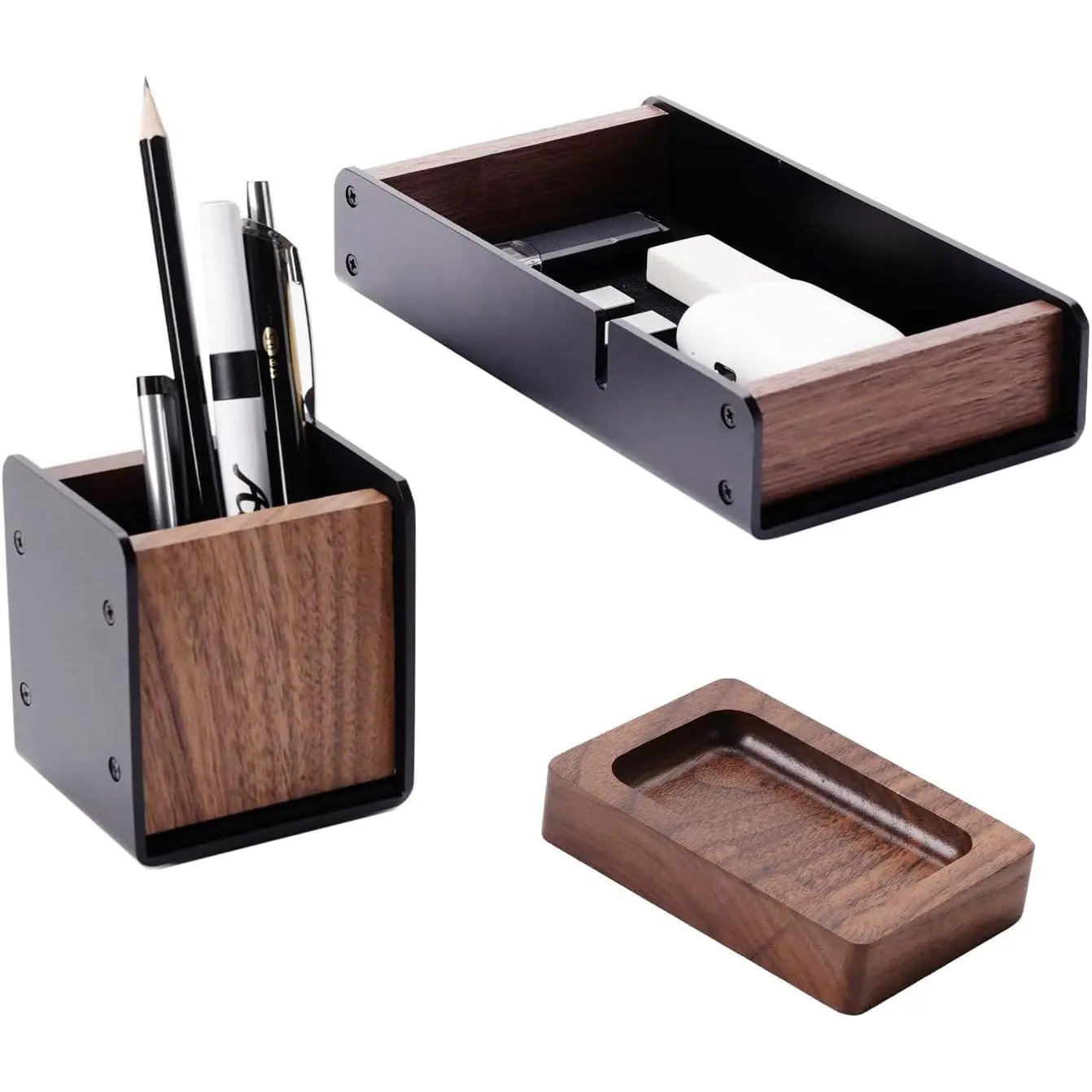 Handmade Walnut Desk Tray with Pen Holder & Clips Set - Solid Wooden Desktop Organizer for Minimalist Cleaning and Organizing, Gifting, Adults’ Keys, Pens, Watches, AirPods, Earbuds, Harmonizes with Luxury Desk Organizers