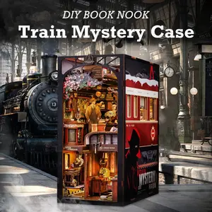 CUTEBEE DIY Book Nook Kit Train Mystery Case Wooden Miniature Detective Series Bookcase Model with LED Light Fun Craft for Adults Home Decor