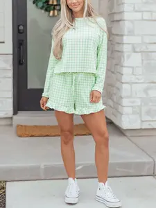 Women's Green Gingham Long Sleeve Loose Top Drawstring Shorts Sets Summer Casual Two Piece Outfits Fashion Gingham Pullover Tops Elegant Matching Sweatsuits Cozy Lounge Wear Slumber Party Apparel Classic Picnic Style Clothing Womenswear