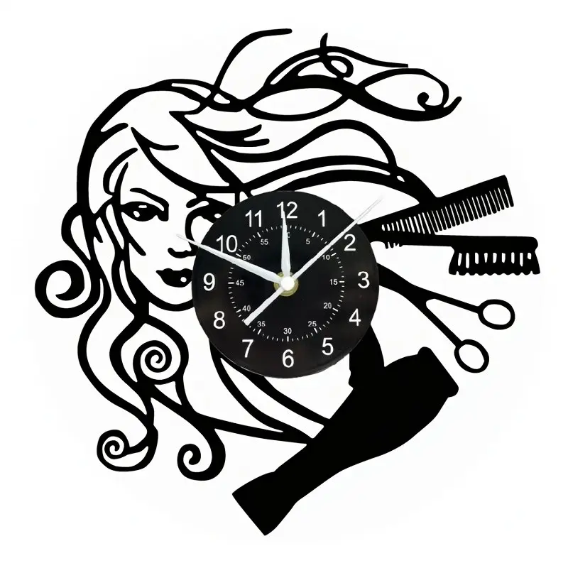 Vinyl wall clock, Decorative clock, Vintage retro clock, salon theme for barber shops, suitable for home, barber shop decoration, birthday, holiday gift, tabletop decoration, art collection