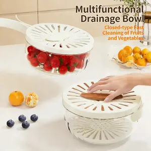 Fruit Washing Bowl With Strainer&Lid,2 in 1 Collapsible Handle Draining Basket,Multipurpose Drain Basket Kitchen Draining and Fridge Fruit Strainer,Suitable For Washing Berry Vegetables