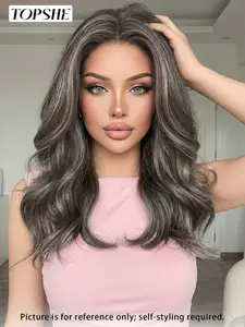 Topshe 13x4 Lace Front Wig, Ash Highlights Medium Wave, Natural Skin-Like Scalp, Heat-Resistant Synthetic Hair for Women