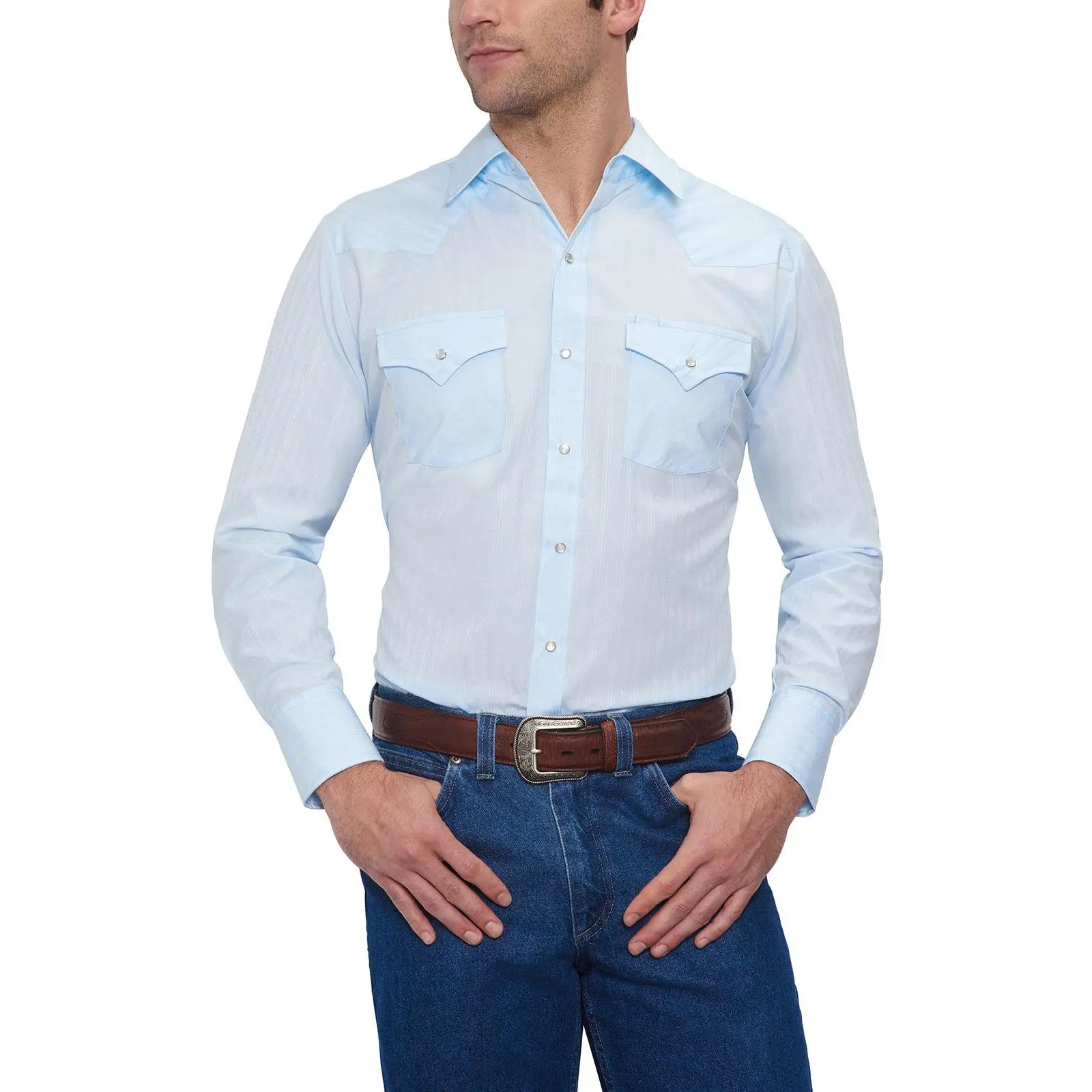 Men's Ely Cattleman Longsleeves Plain Western Snap Top, Solid Tone-on-Tone Fabric, Pocket Design, Menswear