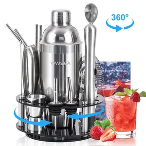 Cocktail Shaker Set with Rotatable Stand, Mixology Bartender Kit Bar Tool Set for Drink Mixing Home Lounge Party Bar Accessories with Straws & Spoon, Silver, 19Pcs