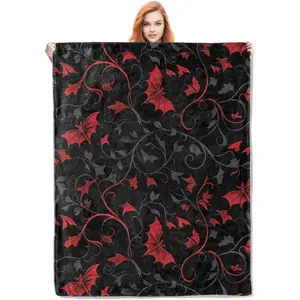 300GSM Enchanted Autumn Leaves Fleece Blanket Gifts, Elegant Red and Black Bat Design, Cozy Throw 50x60 inches, Halloween Decor