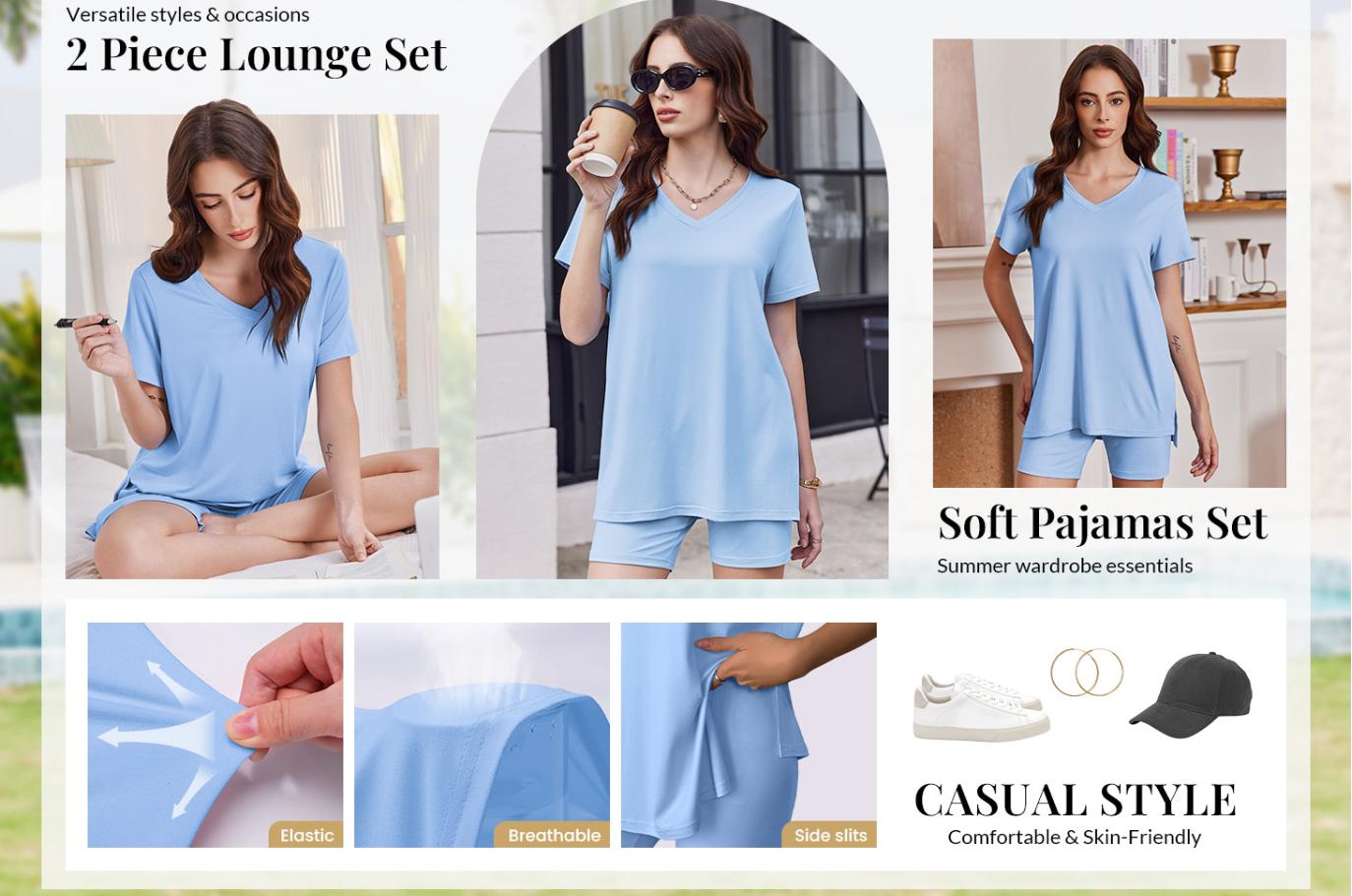 V Neck 2 Piece Sets for Women Summer Casual Oversized Split Hem Shirts & Side Pocket Biker Shorts Minimalist Lounge Wear Soft Viscose Fabric Comfy Homewear Cozy Pjs 2026 spring Summer Loose Short Set