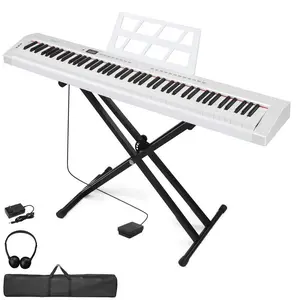 White Glarry GPP-105/BD-882 88-Key Semi-Weighted Keyboard Piano with Portable Double Tube X-Shape Stand, Stainless Steel, Non-Electric - Includes Accessories, Piano Accessories, Full Size, Bluetooth Sync