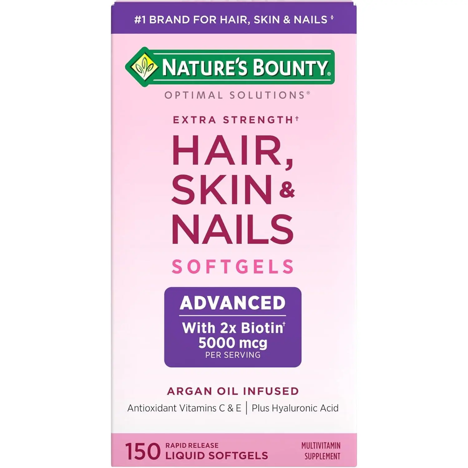 Nature's Bounty Advanced Hair, Skin & Nails, Argan-Infused Vitamin Supplement with Biotin and Hyaluronic Acid, 150 Rapid Release Softgels, 50 Total Servings