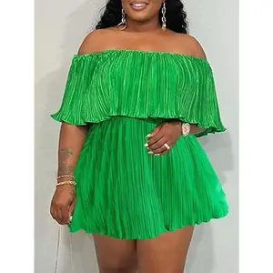 Off-Shoulder Ruffled Neckline Loose Green Dress In Pleated Fabric