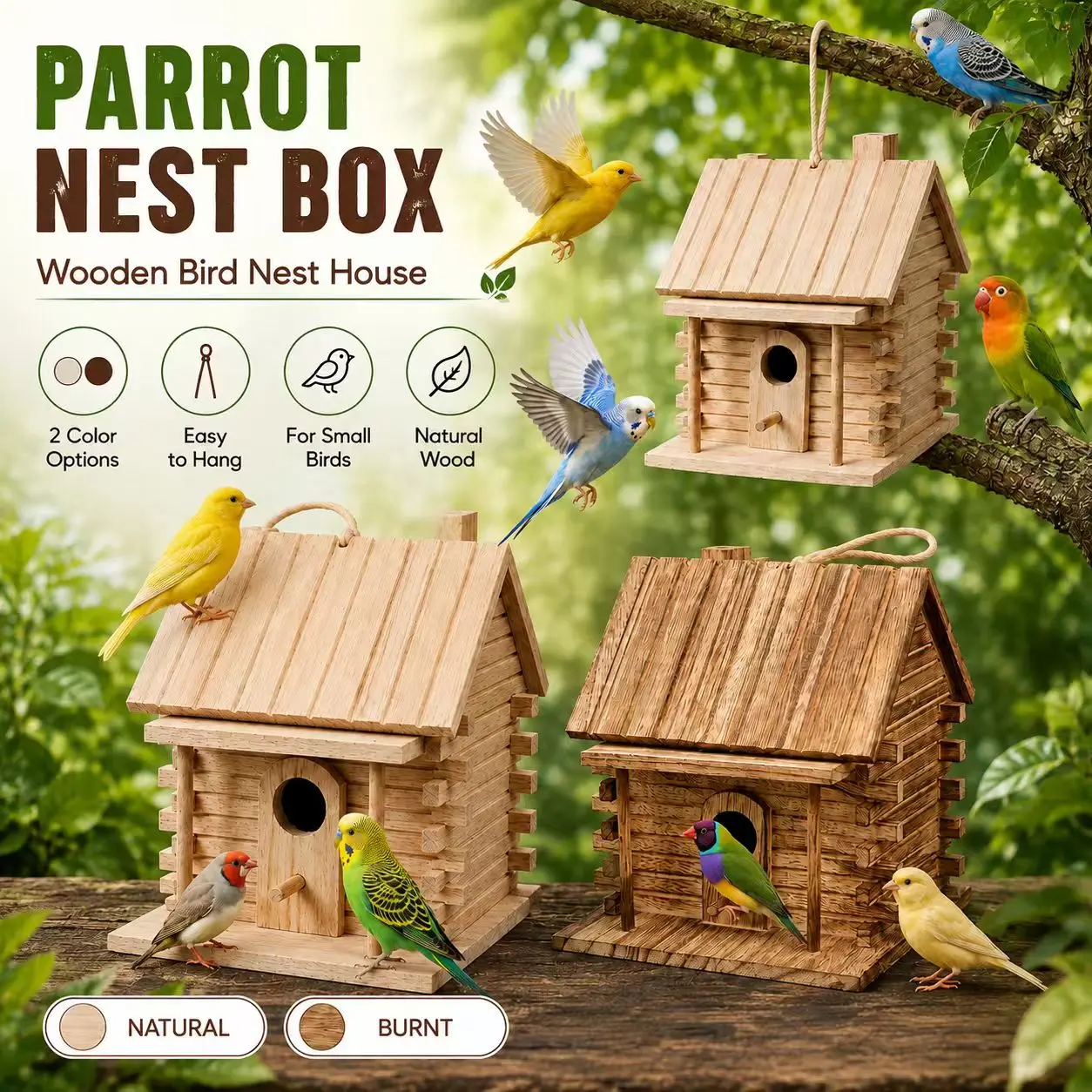 Wooden Parakeet Nesting Box with Hanging Rope & Front Perch, Natural or Burnt Finish Bird House Helps Create a Private Resting and Breeding Space for Budgies, Finches, Canaries & Small Birds, for Cages, Aviaries, Patios or Sheltered Gardens
