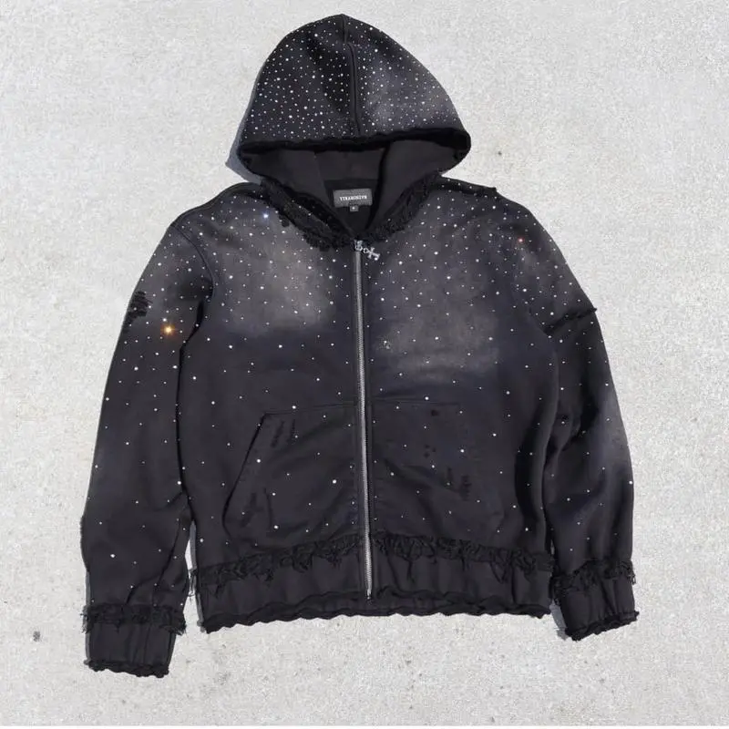 Men's Autumn Winter Trendy Starry Sky Rhinestone Hooded Zipper Sweatshirt Men's Street Hip Hop Loose Jacket