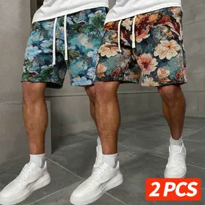 2-Pack Men’s Bohemian Floral Shorts — White drawstring elastic waistband, side pockets, vintage oil painting jacquard fabric; knee-length shorts for summer casual streetwear, beach vacations