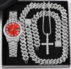 Men's Hip Hop Style Luxury Red Face Silver Plated CZ Watch & Iced Cuban Chain & Bracelet & Cross Necklace Gift Set