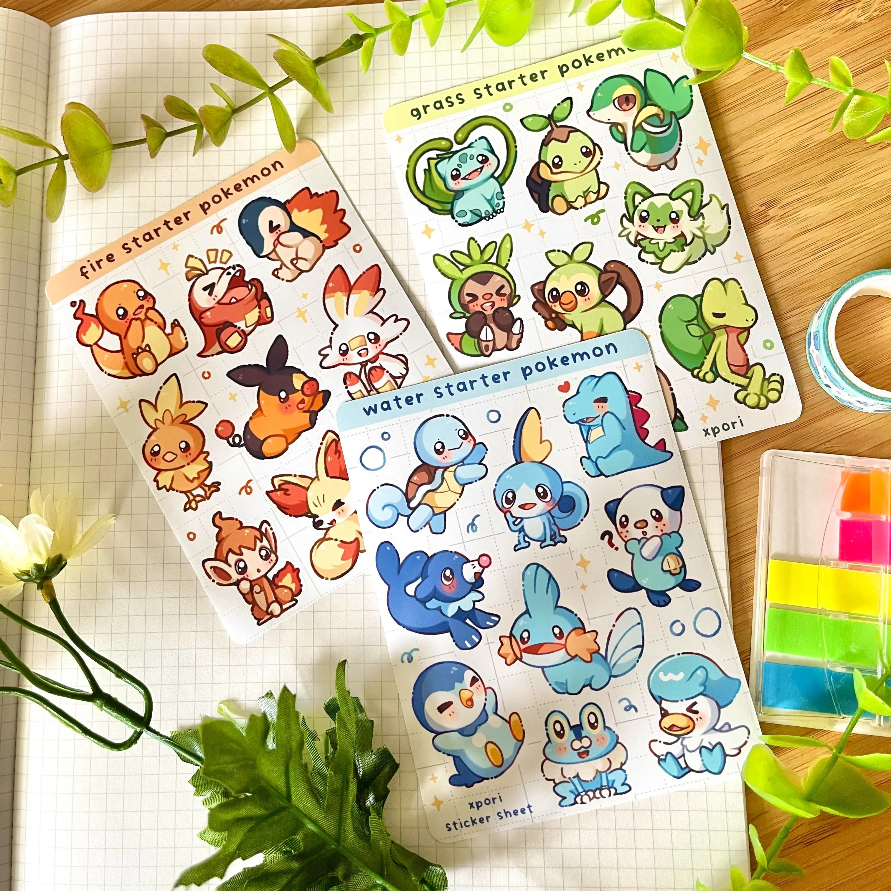 Gen 1-9 Water, Fire, Grass Starters Sticker Sheet