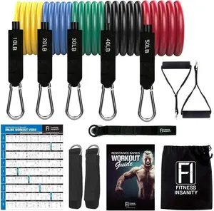 Resistance band tube sets of 11 PCs- Home gym fitness Aerobic workout supplies - Fitness Insanity - For men women adults