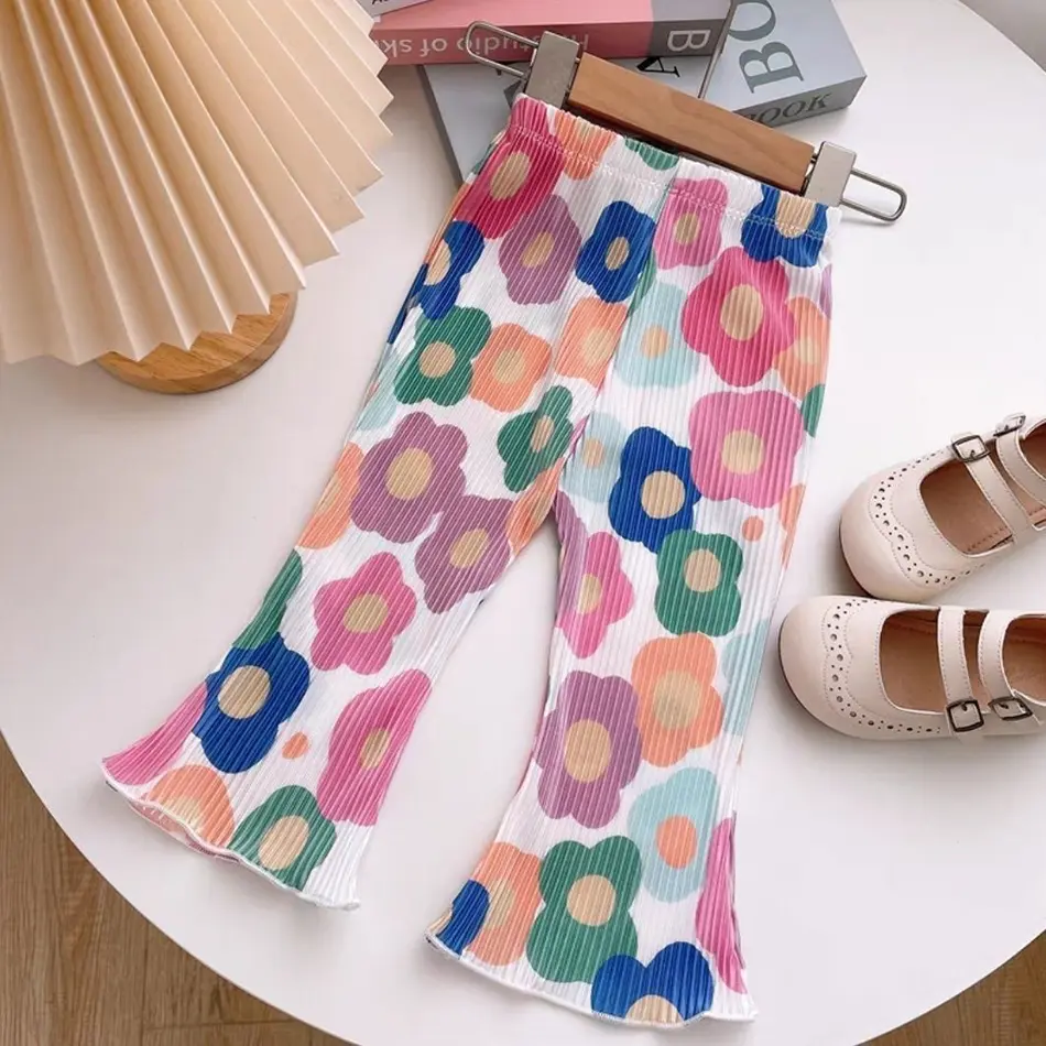 Girls' Cute Floral Polka Dot Flared Capris, Size 100 (3-4 Years), Summer-Autumn Outdoor Casual Kids' Fashion Bottoms, Cartoon, Capri, Polyester, Casual Wear, Outdoor Play, Floral Dots, Outdoor Ready