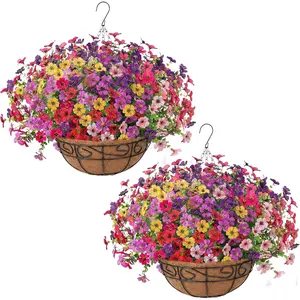 2 Set Artificial Faux Hanging Decorative Flowers Plants Basket for Outdoors Outside Spring Summer Decoration,2 Hanging Planters 24pcs Silk Fake Flowers UV Resistant Porch Patio Front Garden Home Artificial Hanging Baskets ( Multicolor)