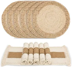 12 Pcs Boho Placemats- Handmade Grass Woven Meal Mats and Natural Cotton Linen Burlap, with 1 Macrame Burlap Table Runner 12x70inch, Table Mats Set for Dining Table Kitchen
