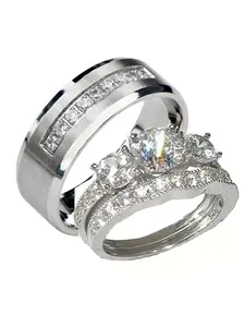 His Hers 3 Stone Wedding Engagement Ring Set Sterling Silver and Stainless Steel