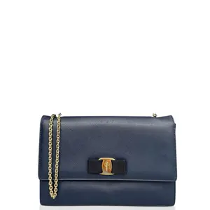 Pre-owned SALVATORE FERRAGAMO Leather Shoulder Bags Vara Bow Flap Bag Saffiano Calfskin Blue (ws012626k6)