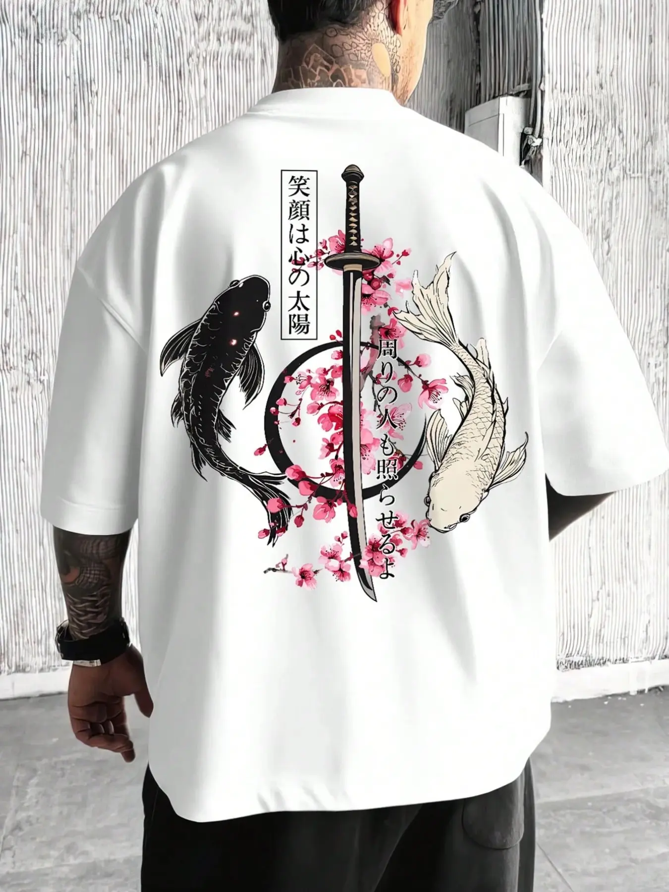 Men's Oversized Koi Samurai Sword Sakura T-Shirt, Japanese Street Style Streetwear Short Sleeve, Yin Yang & Sakura Print, Summer Fashion