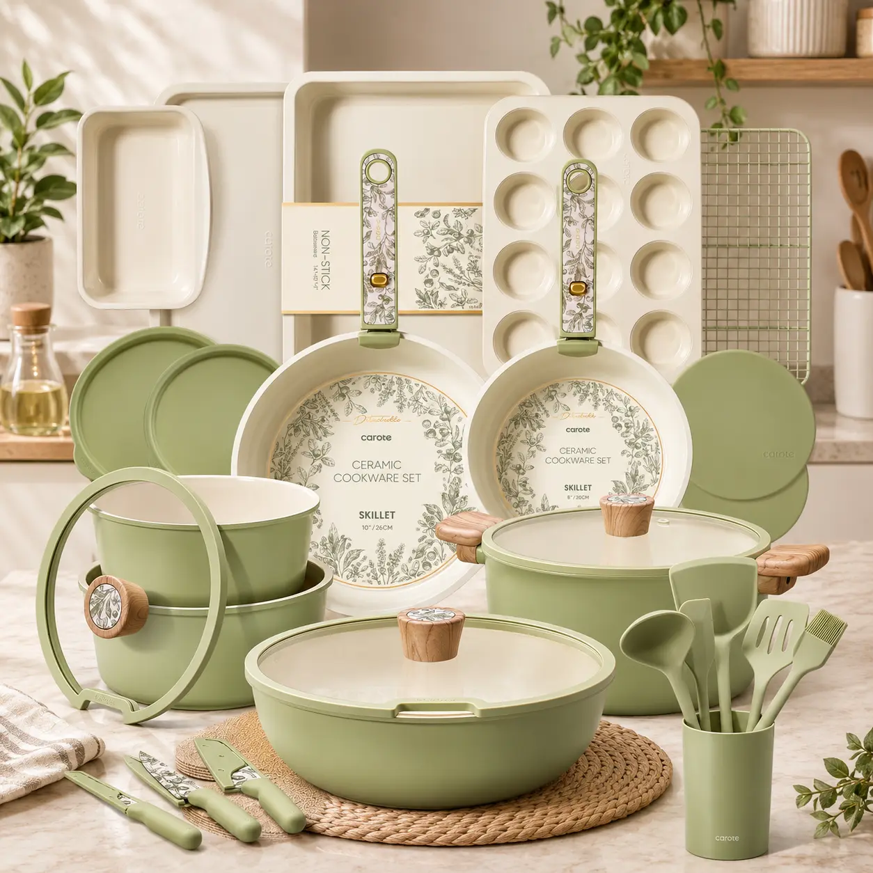 39-Piece Ceramic Cookware Set, Nonstick Pots and Pans with Floral Detachable Handles, Bakeware & Knife Set