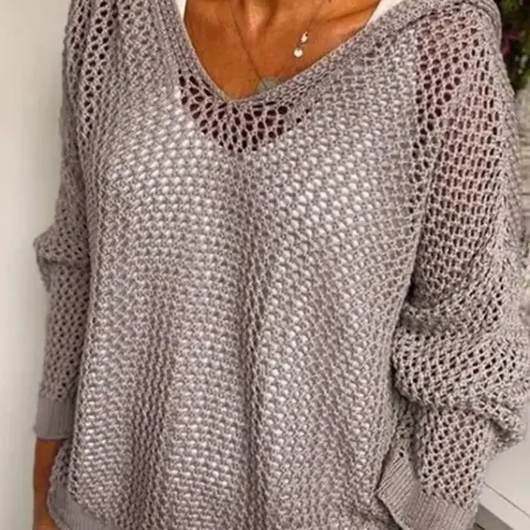 Women's Solid Hollow Out Sheer Light Loose Fit Hooded Sweater Pullover Fabric, Casual Drop Shoulder Long Sleeve Jumper for Summer, Fashion Ladies' Knitwear for Daily Wear, Casual Chic Jumper, Womenswear