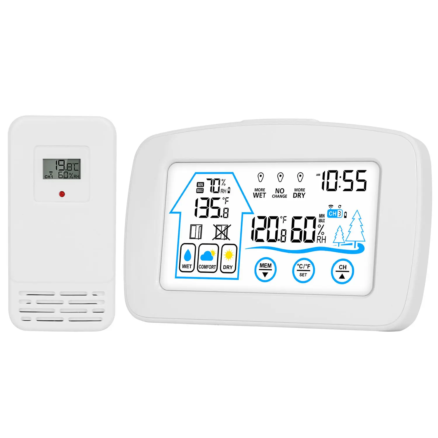 Wireless Weather Station With Clock 196FT Range Indoor Outdoor Thermometer Sensor Temperature and Humidity Monitor Humidity Forecast Battery Powered B,summervibes