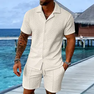 Men's summer sports and casual button-up short-sleeved shirt and pure color short pants set