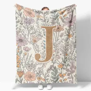 Personalized Letter J Blanket Custom Monogram Gift Boho Floral Design Ultra Soft Throw Perfect Women Teens Friends All Season Comfort Home Office Decor