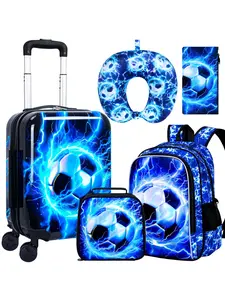 5PCS Boys Luggage Set, Airline-Approved Carry-On with 360° Spinner Wheels, Cute Travel Suitcase for Kids & Toddlers - Lightning Soccer Blue