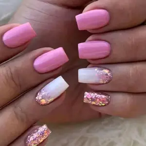 Medium Square Pink and White with Glitter Press On Nails 24CT