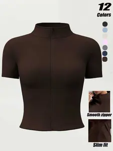 Women's Spring Summer Zipper Short Sleeve Jacket, High Stretch Quick Dry Yoga Top, Stand Collar Running Sports Outerwear