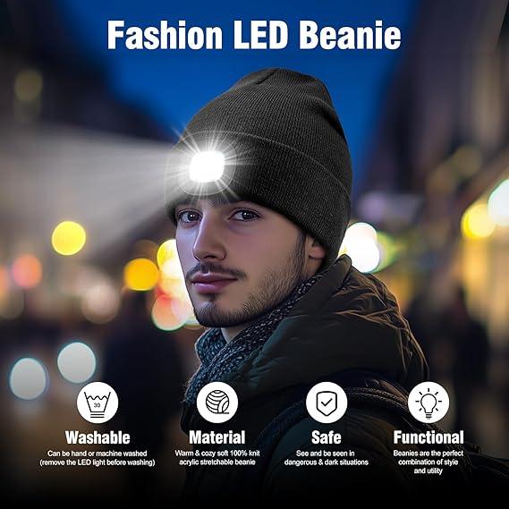 Bluetooth Beanie with a Light, Unisex USB Rechargeable 4 LED Fashlight Hat with Cordless Headphones, Unique Christmas Birthday Gifts for Men Him Husband Teen Black