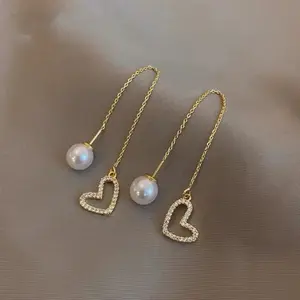 Long Tassel Love Heart Earrings, Elegant and Fashionable DDES0782, Personalized Stud Earrings, Ear Threads, Jewelry, 14K Gold-Plated