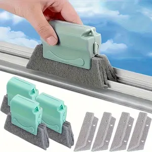 [Window Cleaning Kit] 5pcs Multi-Component Window Cleaning Kit with Plastic Handle - Includes 1 Sill Brush and 4 Reusable Sponge Pads, Suitable for Indoor and Outdoor, Ideal for Living Room Bedroom Bathroom Kitchen Essential Indoor Cleaning Tool Cleaner